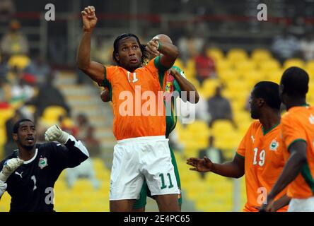 Ivory Coast's Didier Drogba in the air during the African Cup of Nations soccer match, Ivory Coast vs Mali in Accra, Ghana on January 29, 2008. Ivory Coast won the game 3-0. Photo by Steeve McMay/Cameleon/ABACAPRESS.COM Stock Photo