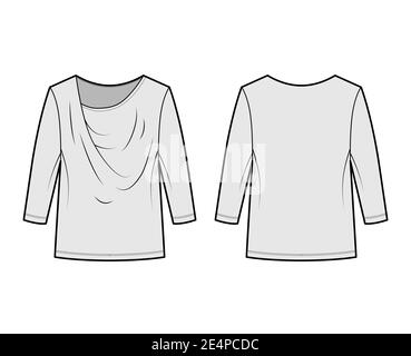T-Shirt draped technical fashion illustration with long sleeves, tunic length, oversized. Apparel blouse top outwear template front, back, grey color. Women men unisex CAD mockup Stock Vector