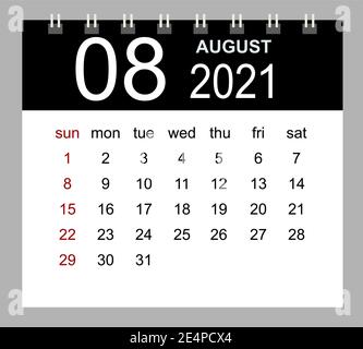 Template of calendar for August 2021. Week starts Sunday. Isolated vector illustration. Stock Vector