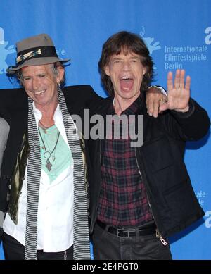 British rock legends the Rolling Stones members Keith Richards and Mick Jagger pose for pictures during the photocall of their new documentary film 'Shine a Light' at the 58th annual Berlin Film Festival, in Berlin, Germany, on February 7, 2008. Photo by Nicolas Khayat/ABACAPRESS.COM Stock Photo
