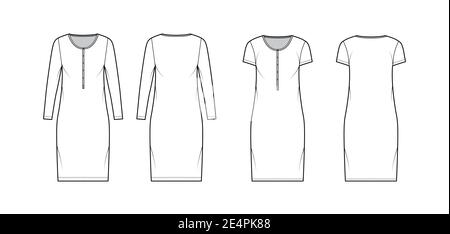 Set of Shirt dresses technical fashion illustration with henley neck, long, short sleeves, knee length, oversized body. Flat apparel template front, back, white color. Women, men, unisex CAD mockup Stock Vector