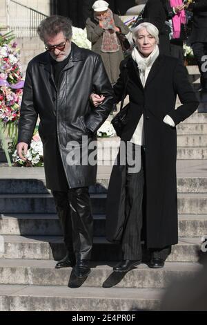 Eddy Mitchell and Francoise Hardy leaving the funeral mass for legendary singer Henri Salvador at the Madeleine church in Paris, France on February 16, 2008. Salvador died at the age of 90 of an aneurysm at his Paris home on February 13. Photo by ABACAPRESS.COM Stock Photo