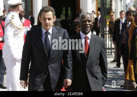 French President Nicolas Sarkozy received by South Africa's President Thabo Mbeki during the welcoming ceremony at the Cape Town Presidential palace, South Africa, on February 28, 2008. Nicolas Sarkozy and his wife Carla Bruni-Sarkozy are on a two-day official visit in South Africa. Photo by Ludovic/Pool/ABACAPRESS.COM Stock Photo