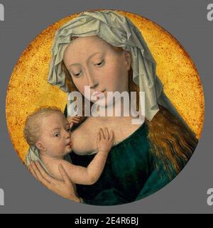 Hans Memling , The Virgin Mary nursing the Christ Child. Oil and gold on panel, circular, (17.4 cm.) diameter. Christie's. Stock Photo