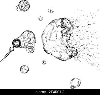 Flying and bursting soap bubbles. Vector hand drawn illustration. Monochrome drawing isolated on white background Stock Vector