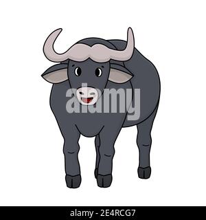 Gray dark cartoon African buffalo stands and looks. Animal is isolated on white background Stock Vector