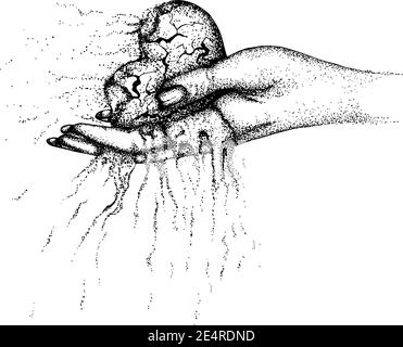 A scorched, crumbling heart in a woman hand. Vector hand drawn illustration. Monochrome drawing isolated on white background Stock Vector