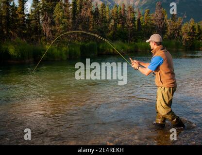 Salmon Fishing on the Kijik River near Lake Clark National Park Alaska Stock Photo