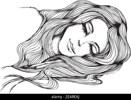 Portrait of a sleeping girl with long hair. Vector hand drawn illustration. Monochrome drawing isolated on white background Stock Vector