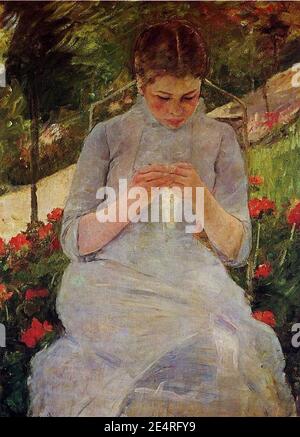 Mary Cassatt Young Woman Sewing in a Garden. Stock Photo