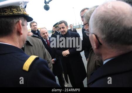 'Jean-Marie Poimboeuf and French President Nicolas Sarkozy visit French shipbuilder DCNS where the nuclear submarine 'le Terrible' was built in Cherbourg, western France March 21, 2008. President Sarkozy visited France's new generation nuclear-armed submarine''Le Terrible''. Photo by Jacques Witt/Pool/ABACAPRESS.COM' Stock Photo
