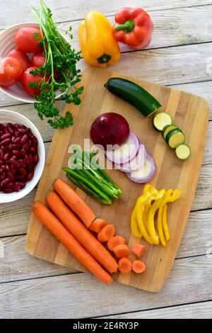 Simple healthy vegetarian ingredients for preparing hearty winter soups, stews and chilis Stock Photo