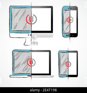 Digital devices set with computer monitor smartphone laptop tablet half sketch half realistic isolated vector illustration Stock Vector