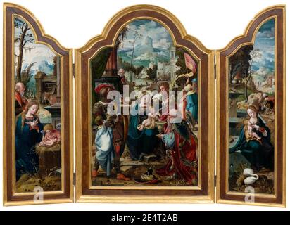 Master of the Bob Jones Adoration - Triptych - central panel - The Adoration of the Magi; wings - The Nativity; and The Rest on the Flight into Egypt. Stock Photo