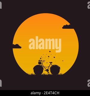 Silhouette of Valentine’s Day background flying with heart from bicycle baskets Stock Vector