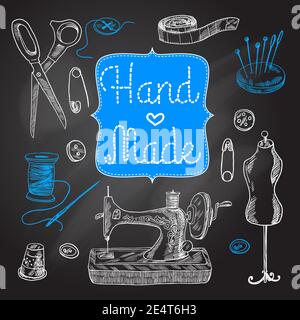 Sewing  and tailoring chalkboard set with machine scissors button vector illustration Stock Vector