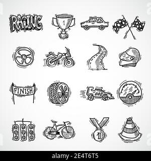 Racing auto competition sketch decorative icon set with bolide trophy finish isolated vector illustration Stock Vector