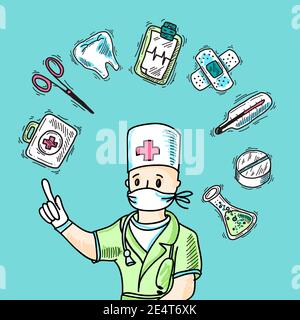 Medical design concept with doctor avatar and healthcare symbols sketch vector illustration Stock Vector