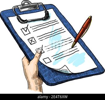 Sketch hand with clipboard checklist and pen isolated on white background vector illustration Stock Vector
