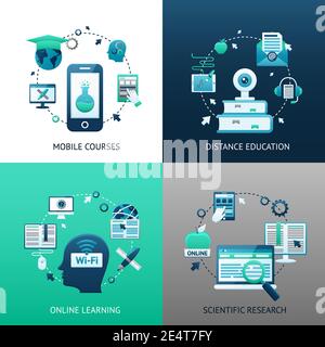 Online education design concept set with mobile courses distance learning scientific research icons isolated vector illustration Stock Vector