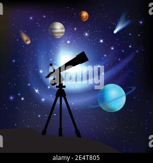 Space background with telescope planets comets and stars vector illustration Stock Vector