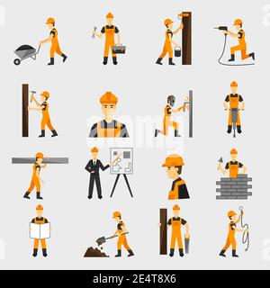 Construction worker character building with hand hammer drill in helmet flat icons set abstract isolated vector illustration Stock Vector