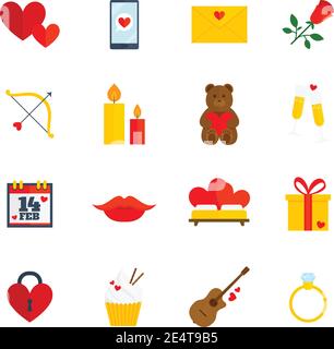 Romantic icon flat set with hearts love letter flower cupid isolated vector illustration Stock Vector