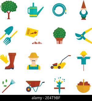 Country orchard  vegetable garden harvest flat pictograms collection with irrigation system symbols abstract isolated vector illustration Stock Vector
