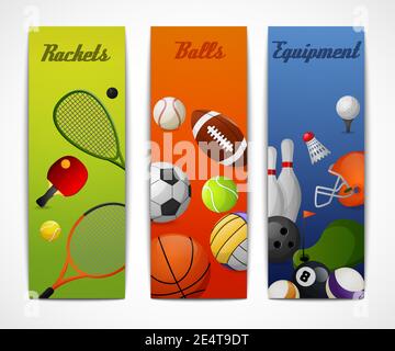 Outdoor sport activities squash tennis soccer basketball rugby accessories flat vertical banners set abstract isolated vector illustration Stock Vector