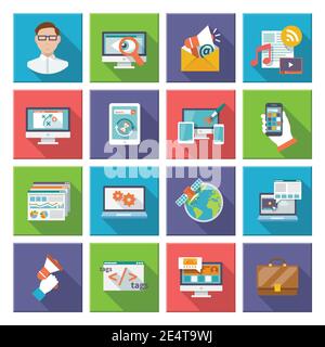 Seo internet marketing computer design elements flat icon set isolated vector illustration Stock Vector