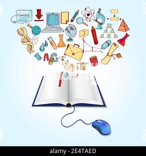 Online education concept with book computer mouse and sketch science icons set vector illustration Stock Vector