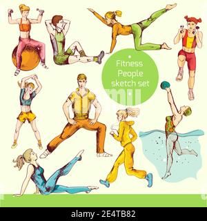 Fitness people sport training healthy physical exercises sketch colored decorative icons isolated vector illustration Stock Vector