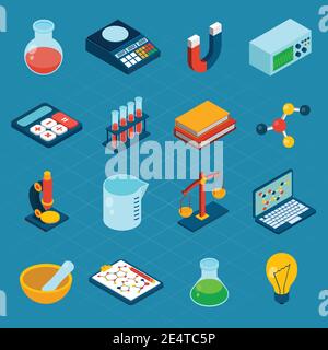 Isometric science 3d icons set with flask magnet calculator isolated vector illustration Stock Vector