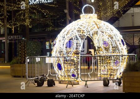Christmas bauble lights in Westfield shopping centre Stratford London Stock Photo
