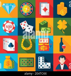 Casino gambling flat icons set with horseshoe slot machine chips isolated vector illustration Stock Vector