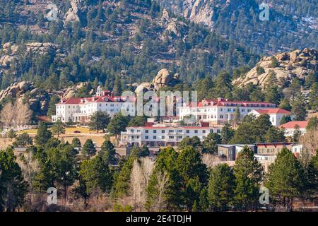 Estes Park, CO - October 31, 2020: View of the historic Staley Hotel in the Rocky Mountains of Estes Park Stock Photo