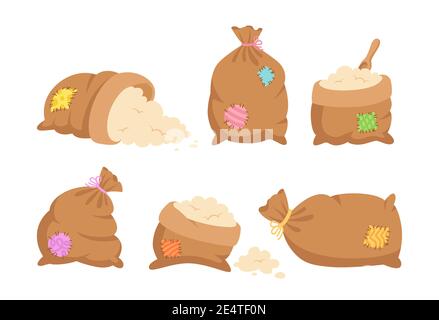 Sacks with colored patches, flour or sugar cartoon set. Bag burlap collection. Harvest agricultural symbol flour production. Bakery mill symbol. Design organic farm elements, packaging label vector Stock Vector