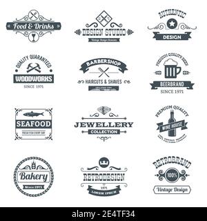 Retro black logo emblems set with woodworks barbershop restaurant isolated vector illustration Stock Vector