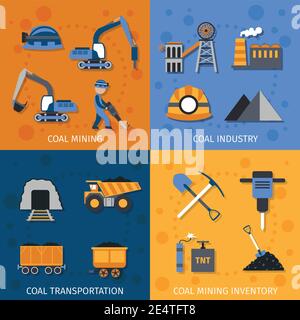 Coal industry design concept set with mining transportation inventory flat icons isolated vector illustration Stock Vector