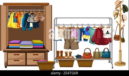 Clothes hanging in wardrobe with accessories and clothes rank on white background illustration Stock Vector