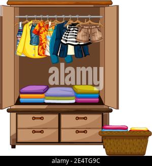 Clothes hanging in wardrobe with clothes basket on white background illustration Stock Vector