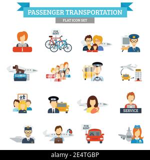 Passenger transportation icon flat set with transport drivers and passengers isolated vector illustration Stock Vector