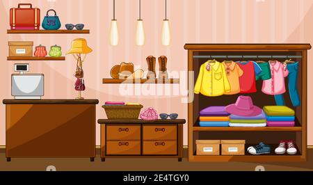 Clothes hanging in wardrobe with many accessories in the room scene illustration Stock Vector