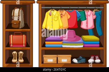 Clothes hanging in wardrobe with accessories on white background illustration Stock Vector