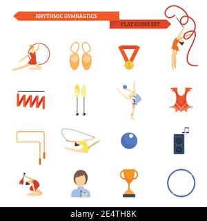 Rhythmic gymnastics icon flat set with female athletes with balls and bands isolated vector illustration Stock Vector