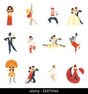 Social dancing festival elegant waltz tango oriental dance icon flat set isolated vector illustration Stock Vector