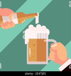 hands pouring beer in mug with foam alcohol, cheers vector illustration Stock Vector