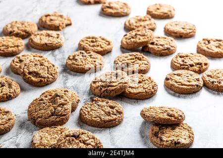 freshly baked Chocolate chip cookies on a marble countertop. Copy space. Stock Photo