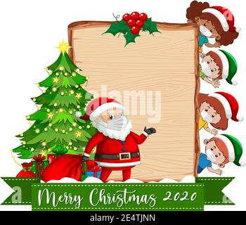 Blank wooden board with Merry Christmas 2020 font logo and children wear mask illustration Stock Vector