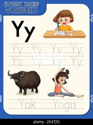 Alphabet tracing worksheet with letter Y and y illustration Stock Vector